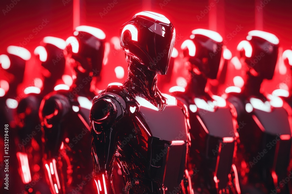Poster futuristic robots in a red neon environment, displaying advanced technology and design
