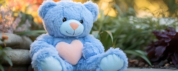 Blue teddy bear holding a small heart-shaped pillow in a peaceful garden setting