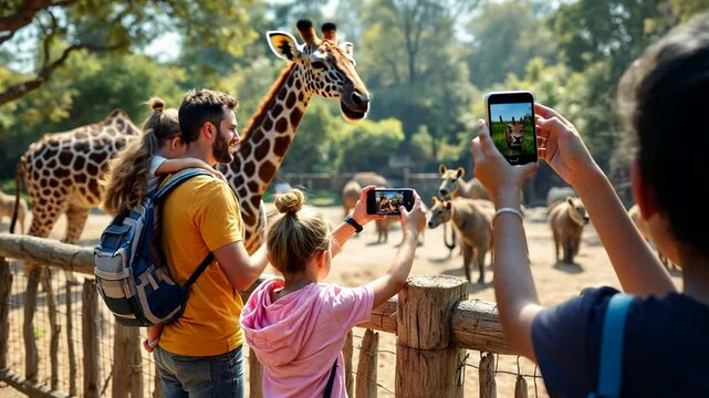 Family Visiting Zoo Taking Photos of Giraffe and Elephants Together