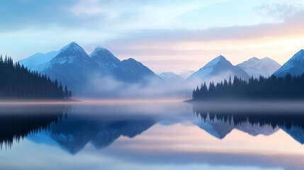 Serene Mountain Lake at Dawn - Misty mountain lake reflecting a beautiful sunrise, peaceful and tranquil scene. Perfect for travel, nature, or serenity themes.