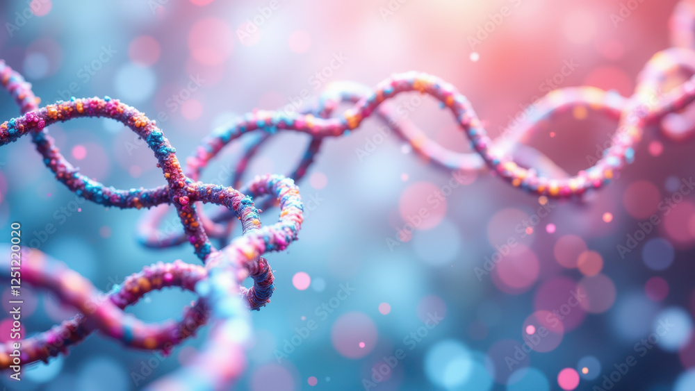 Poster semaglutide molecule structure with colorful dna strands floating in a glowing, blurred background.