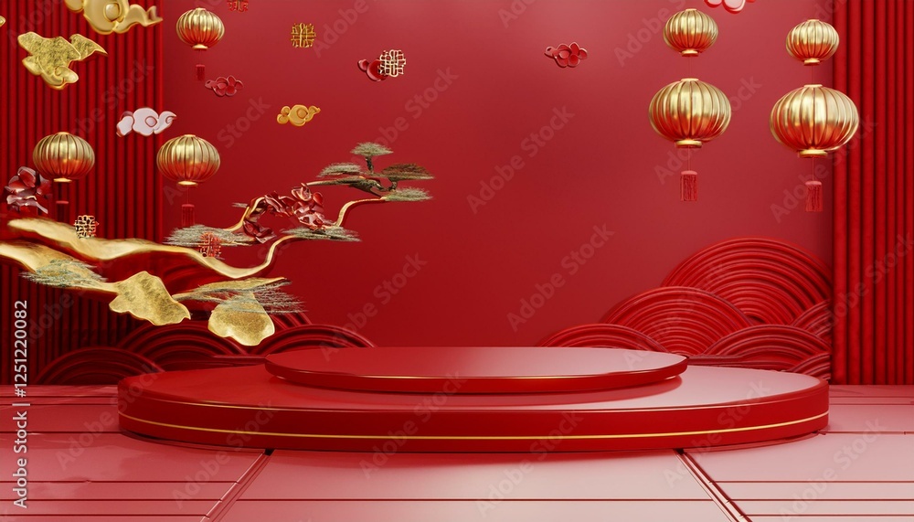 Poster chinese style minimal abstract red podium background concept for product and branding presentation 3