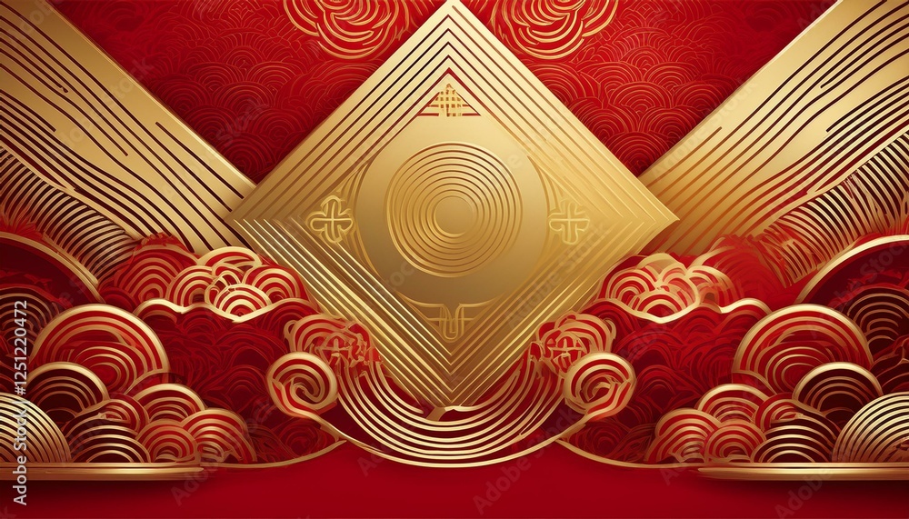 Poster prosperous design overlapping red and gold patterns creating a serene background