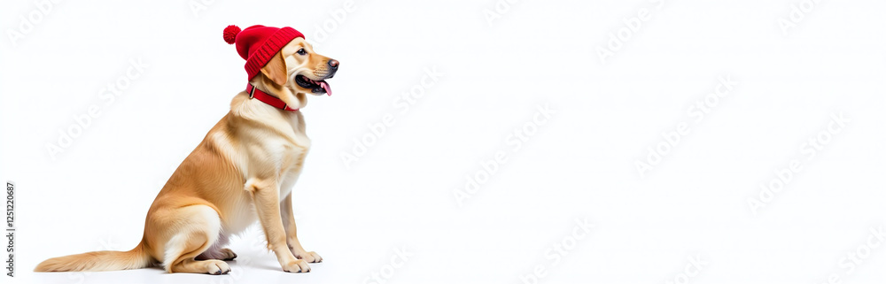 Poster a golden retriever dog wearing a red knitted cap sits isolated on a white background with transparen