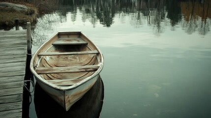 Fototapeta premium Old wooden rowboat moored at a quiet lake dock.