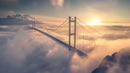 Obraz premium A dramatic shot of a long suspension bridge above the clouds