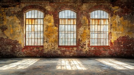 Sunlit Empty Industrial Room with Arched Windows and Decaying Walls