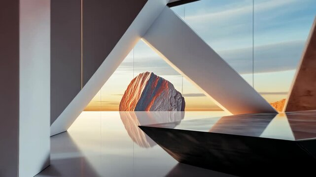 White rock sits on a silver table in a room with red walls. The room has a modern and minimalist design, with a lot of white and red accents. The rock and table create a sense of balance