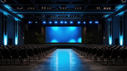 Empty conference hall stage, blue lighting, event