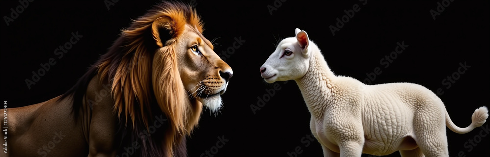 Poster A Lion And A White Lamb Are Isolated On A Black Background In A Profile View Created By An Artificial Intelligence Generator. 00002