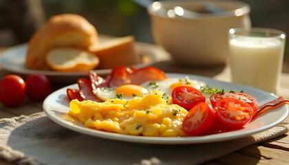  “Farm breakfast": Country breakfast in eco style, scrambled eggs with bacon, homemade bread, fresh tomatoes, cup of milk