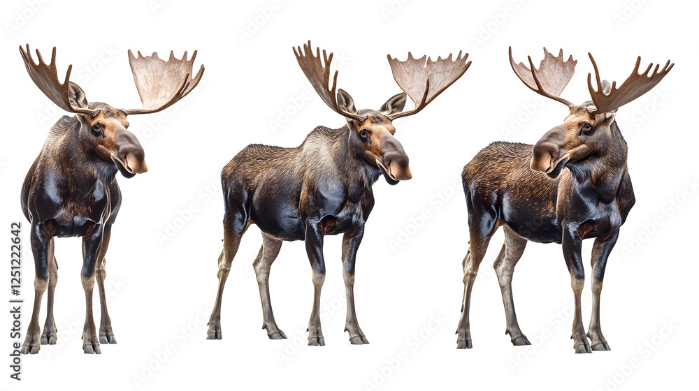 Wall mural moose collection (portrait, standing, sitting), animal bundle isolated on a white background as transparent PNG
