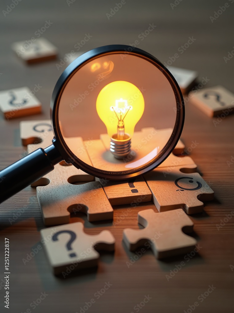 Aufkleber a magnifying glass shines a light on a puzzle composed of a lightbulb and wooden blocks with questio