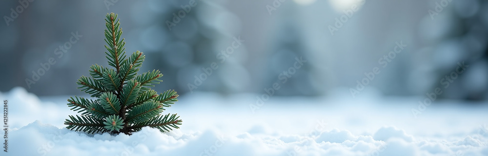 Poster a lone green christmas pine tree branch stands out against a winter backdrop of snow and ice in shar