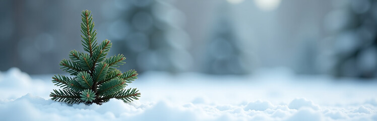 A Lone Green Christmas Pine Tree Branch Stands Out Against A Winter Backdrop Of Snow And Ice In Sharp Focus. 00002