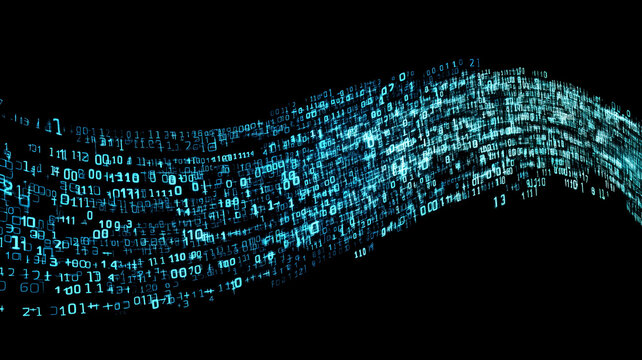 flowing stream of binary code in blue against black background, representing data and technology. digital wave conveys sense of movement and innovation