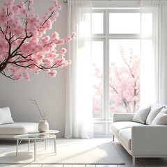 Serene Living Room with Blooming Cherry Blossom Branch
