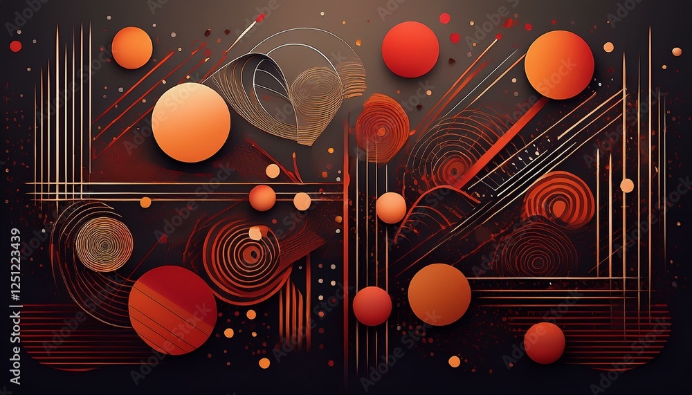 Poster a dark background with various red and orange geometric shapes lines and polka dots