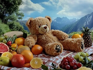 Brown teddy bear lying on a picnic blanket with fruits and a scenic mountain view