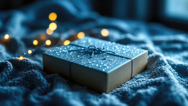 Elegant gift box with string lights on cozy blanket at night