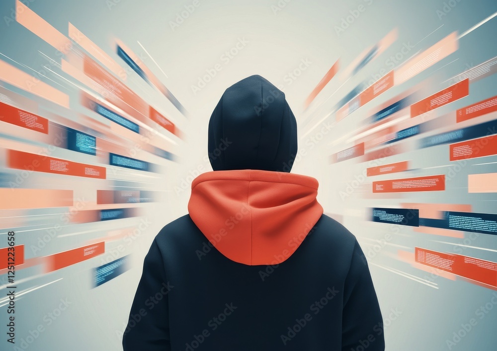 Poster a person in a hoodie stands with their back to the viewer, surrounded by dynamic, colorful abstract 