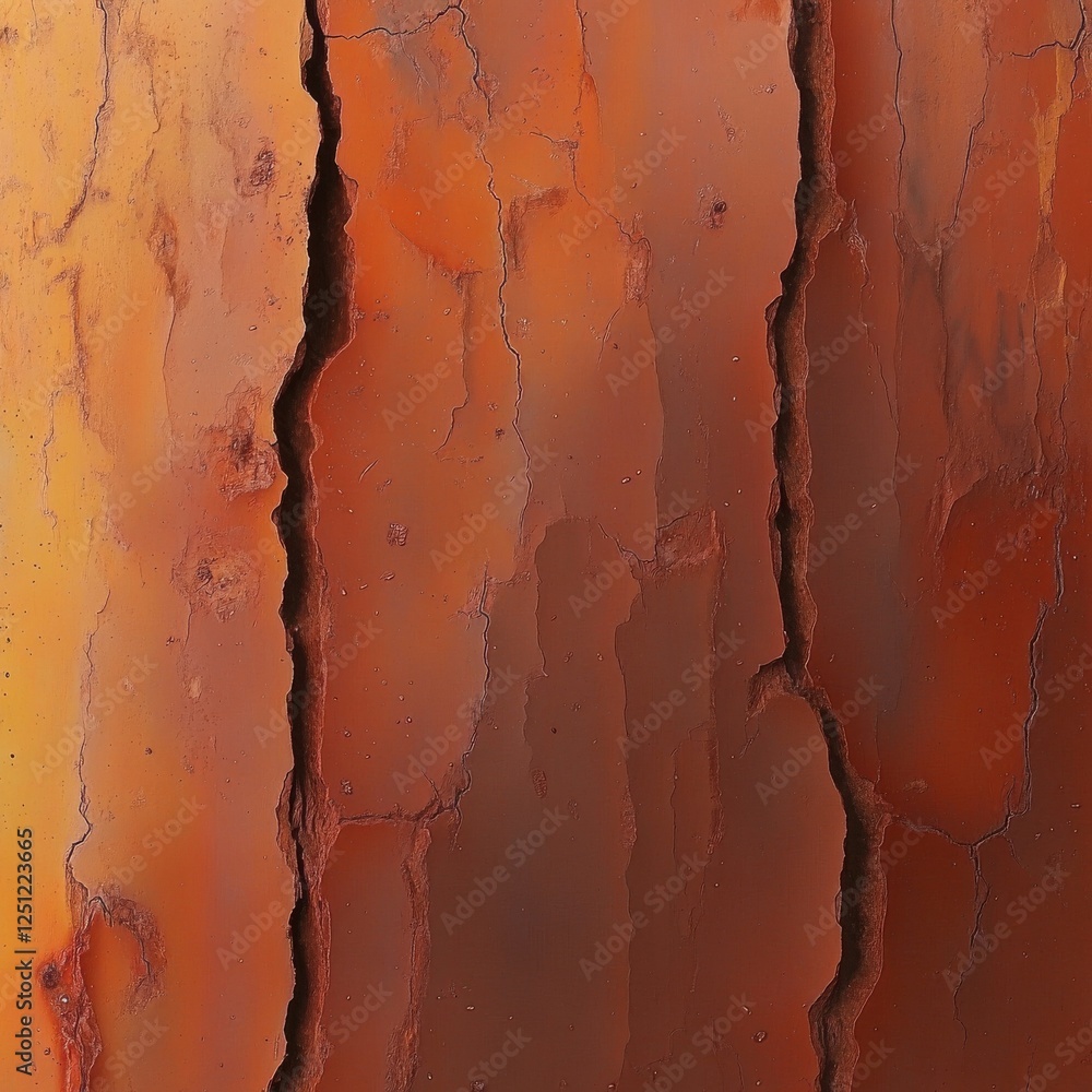 Poster a close-up of textured rust with shades of red and orange, showcasing deep cracks and a weathered ap