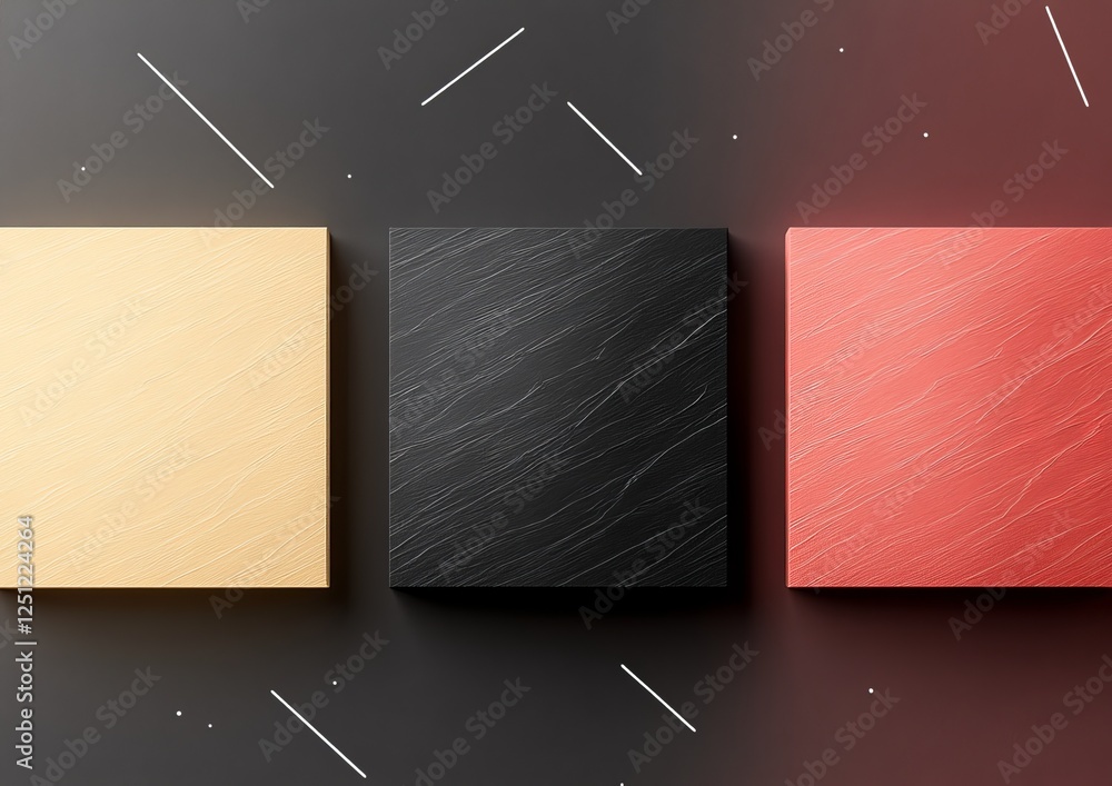 Poster three textured square panels in gold, black, and red arranged against a minimalist background with s