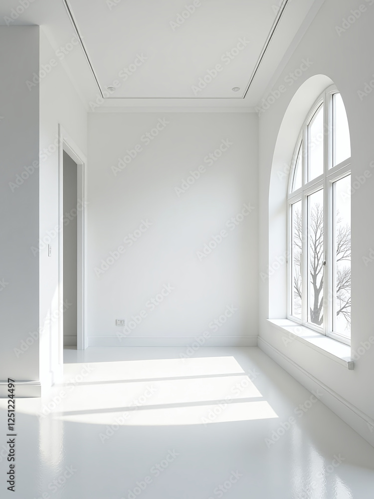 Poster A Modern Interior Design Features A Big Rounded Window, Empty Space, And A Simple White Color Scheme With Natural Sunlight. 00002