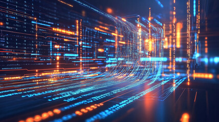 Futuristic digital data flow with glowing lines and binary code, representing technology and innovation. vibrant colors create dynamic atmosphere