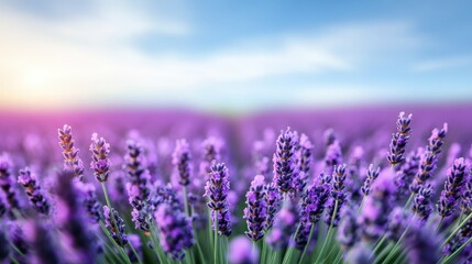 Obraz premium A magnificent view of lavender fields under the expansive blue sky during sunset, capturing the vibrant purple hues of nature's beauty in full bloom.