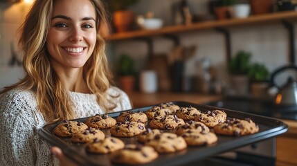 Woman baking chocolate chip cookies in cozy kitchen