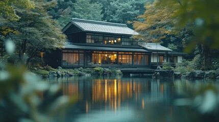 Obraz premium Illuminated Japanese house, tranquil pond, autumn foliage, serene garden, travel brochure