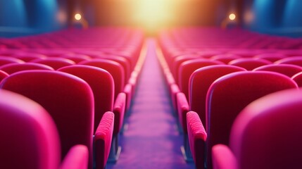 Empty Theater Seats - Rows of empty pink theater seats awaiting an audience.  A warm light illuminates the center aisle.