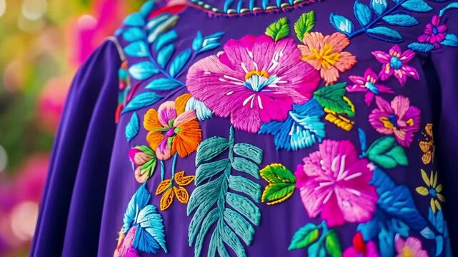 Vibrant floral embroidery on purple garment in blurred nature background Happy Cinco de mayo
