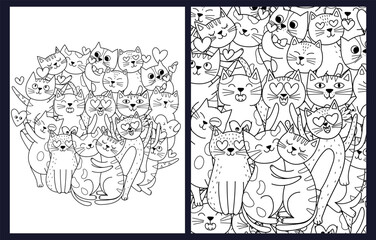 Obraz premium Coloring pages set with cute loving cats. Valentine's Day and Love feline characters templates collection for coloring book for kids and adults. Vector illustration