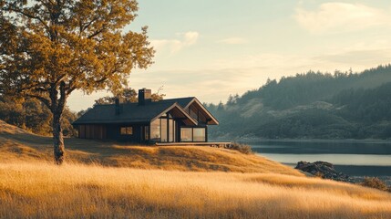 Fototapeta premium Lakeside modern home autumn sunset rural landscape