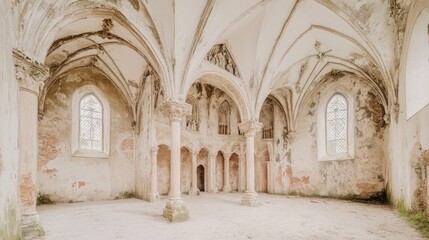 Obraz premium Gothic chapel ruin interior, daytime, overgrown exterior, historical tourism