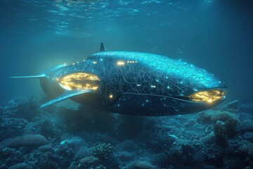 Fototapeta premium Futuristic submarine, ocean coral reef, underwater exploration, glowing lights, science fiction