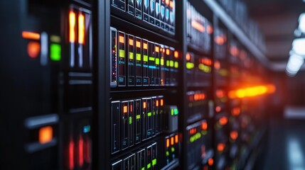 Close-up view of illuminated server racks in a data center, showcasing technology and connectivity