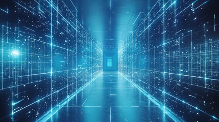 Obraz premium Futuristic data center hallway; glowing network; digital; technology; server room; abstract; background; illustration; security; website