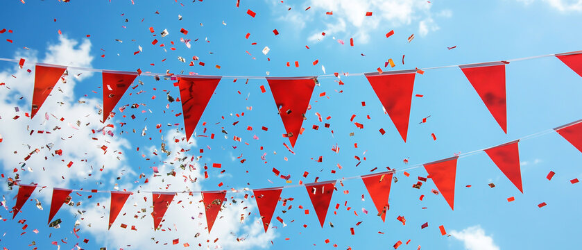 Red bunting flags and confetti flying in the sky on a celebratory day