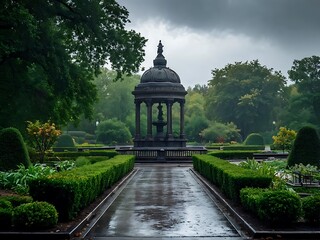 A Rainy Day in the Park: Gazebo, Greenery, and Path