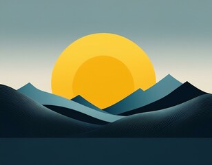 a minimalist landscape with a yellow sun and a dark blue mountain range
