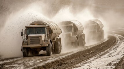 Three mining trucks driving on a dusty road, spraying water to control dust.