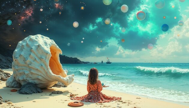 Girl sitting on beach, feeling playful, listening to waves near giant seashell and colorful planets