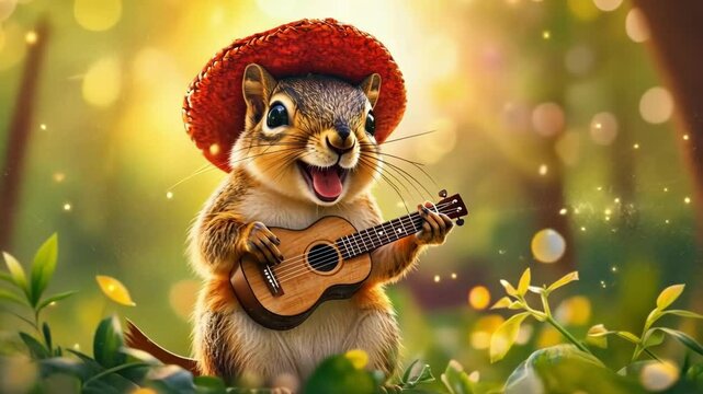 Cheerful squirrel playing ukulele with red hat in sunlit garden Happy Cinco de mayo