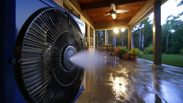 Outdoor patio cooling system misting, evening