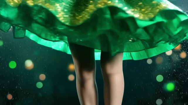 Glittering green dress with star patterns in magical setting. Happy St. Patrick's Day