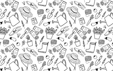 Seamless pattern with gardening tools. Vector hand drawn cute icon equipment and flowers on white background. Plant care.Spring repeated background for wrapping, textile.