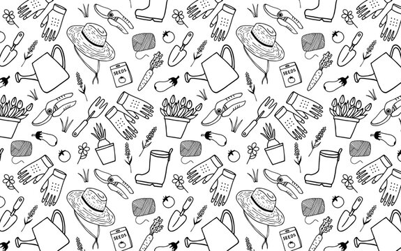 Seamless pattern with gardening tools. Vector hand drawn cute icon equipment and flowers on white background. Plant care.Spring repeated background for wrapping, textile.